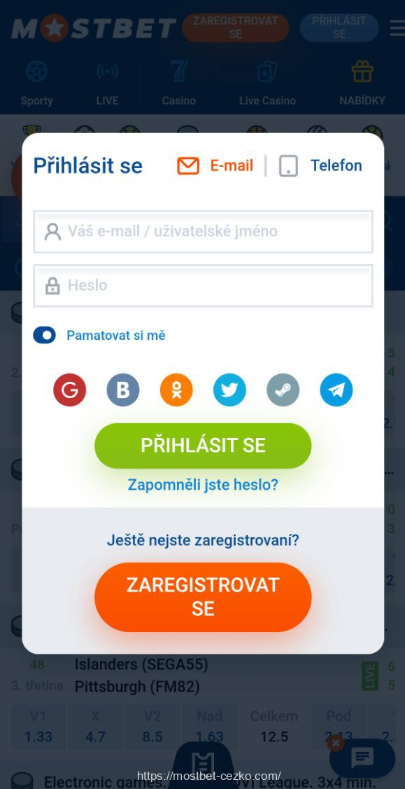Snímek obrazovky přihlašovací stránky v aplikaci Mostbet CZ